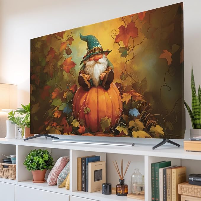 Fall Old Gnome on Ripe Pumpkin Indoor TV Cover, Elastic TV Screen Protector - Image 6