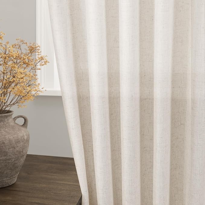 Long Curtain 105 inches Long 2 Panels Set Back Tab Beige Linen Drapes for Living Room Neutral Farmhouse Light Filtering Semi Sheer Linen Curtains 105 inch Length for Large Window Tan