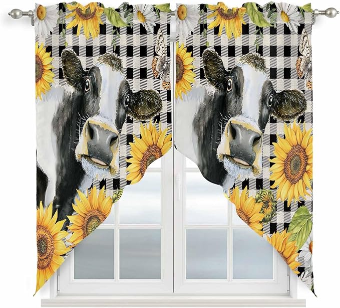 Retro Sunflowers Swag Valances for Windows, Farmhouse Floral Cow Butterfly by Unknown