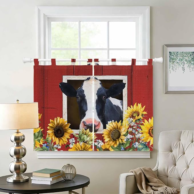 Cow Sunflowers Kitchen Curtains 45 Inch Length, Short Cafe Window Curtains Tab - Image 2