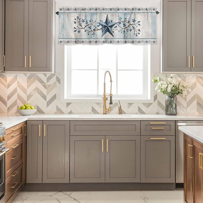 Blue Texas Star Valances for Windows, Vintage Star Berry Blue Beige Wood Grain - Image 4