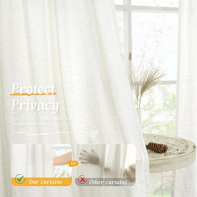 LAMIT Natural Linen Curtains 72 inch Length for Bedroom, Faux Linen Textured Light Filtering Drapes Rod Pocket Boho Window Treatment Panels for Farmhouse/Living Room, 2 Panels, 52 x 72 Inch