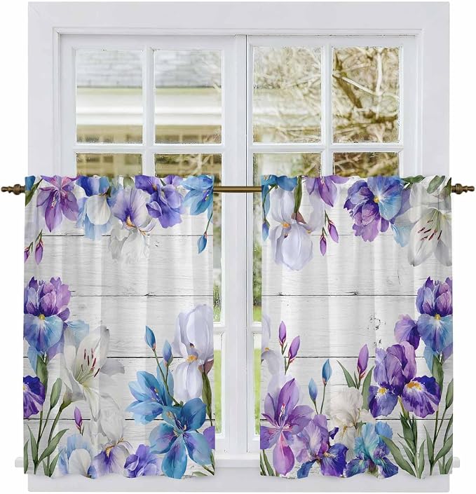 Spring Flowers Kitchen Curtains, Watercolor Garden Florals Wooden Grain Light by Unknown