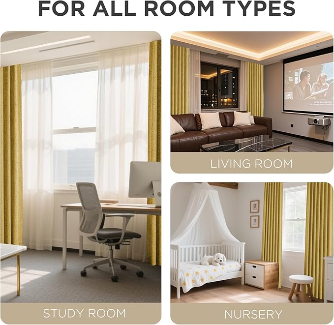 Joydeco Blackout Curtains for Bedroom - 100% Light Blocking 2 Panels Set Yellow Drapes 37" W x 84" L, Thermal Insulated Room Darkening Curtains, Linen Textured for Living Room, Rod Pocket & Back Tabs