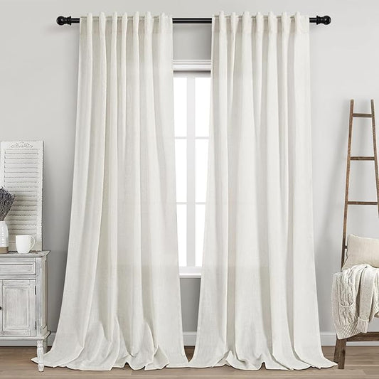 Beige White Linen Curtains 108 Inches Long for Living Room Bedroom 2 Panels Set Extra Long Back Tab Curtain Light Filtering Semi Sheer Drapes Floor to Ceiling Curtains for Large Windows 52x108