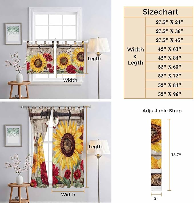 Sunflowers Kitchen Curtains 24 Inch Length, Small Window Curtains Tab Top - Image 8