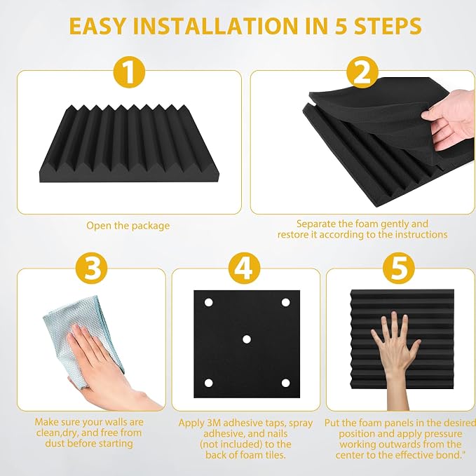 Acoustic Foam Panels 48 Pack 1" x 12"x 12" Saiqiang Black Soundproofing Panels - Image 4