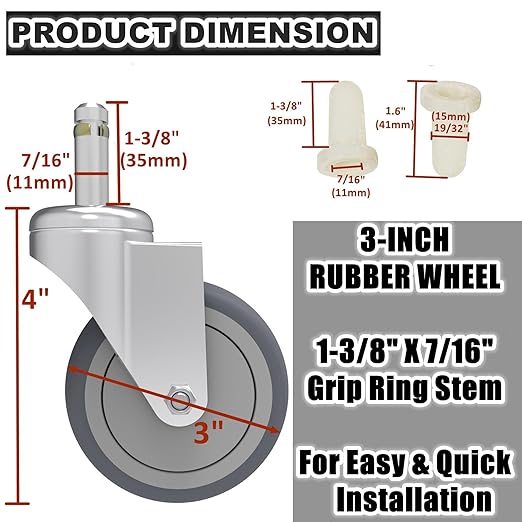 RILIDRI 3-Inch Swivel Stem Caster, 7/16-Inch Stem Diameter Rubber Wheel - Image 2