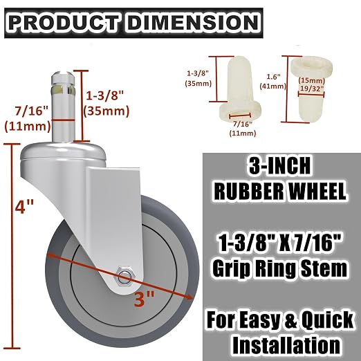 RILIDRI 3-Inch Swivel Stem Caster, 7/16-Inch Stem Diameter Rubber Wheel - Image 2