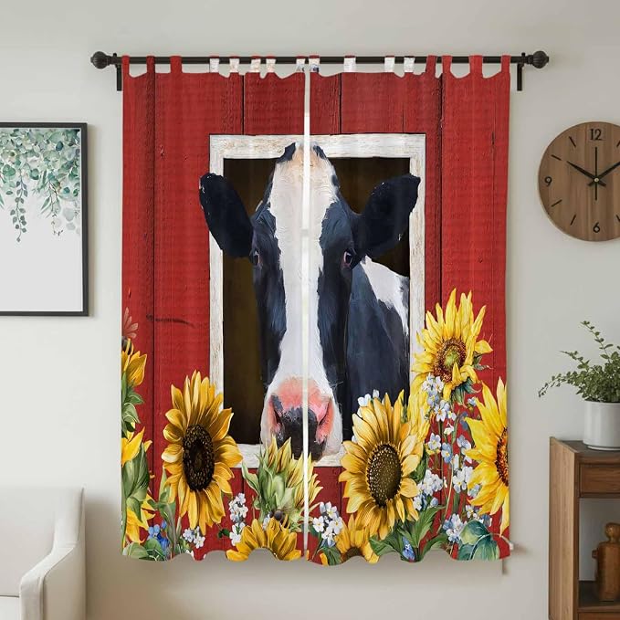 Cow Sunflowers Living Room Curtains 84 Inch Length, Window Curtains Tab Top - Image 2