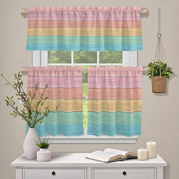 Kitchen Window Curtains Valance and Tier Set, Farm Colorful Wooden Plank Rod - Image 4