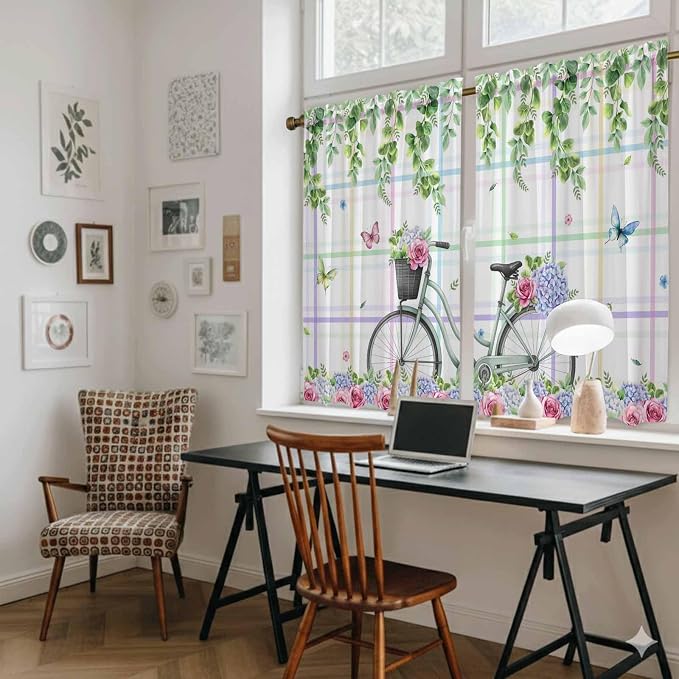 Spring Tier Curtains, Bicycles Botanical Leaves Rose Colorful Stripes Light - Image 6