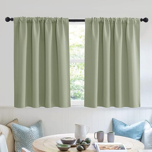 RYB HOME Short Blackout Curtains for Small Window, Sunmmer Heat Light Blocking Privacy Protection Curtains for Sunroom Laundry Room Stair Window, Width 52 by Length 36, Sage Green, Set of 2