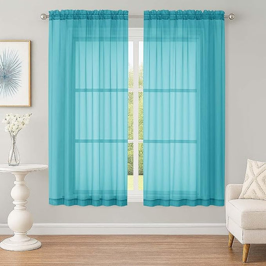 OWENIE Sheer Turquoise Curtains, Sheer Curtains 63 inch Length 2 Panels Set, Rod Pocket Voile Fimly Sheer Drapes for Living Room Bedroom, 2pcs, Turquoise, Each 59" W x 63" L