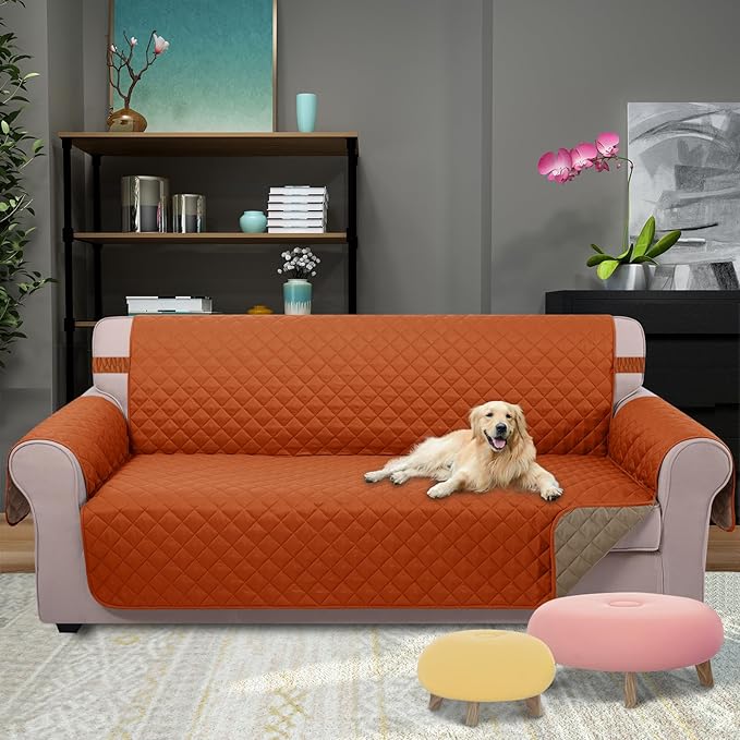 U-NICE HOME Reversible Sofa Cover Couch Cover for Dogs with Elastic Straps Water Resistant Furniture Protector for Pets Couch Cover for 3 Cushion Couch (Sofa, Orange/Taupe)