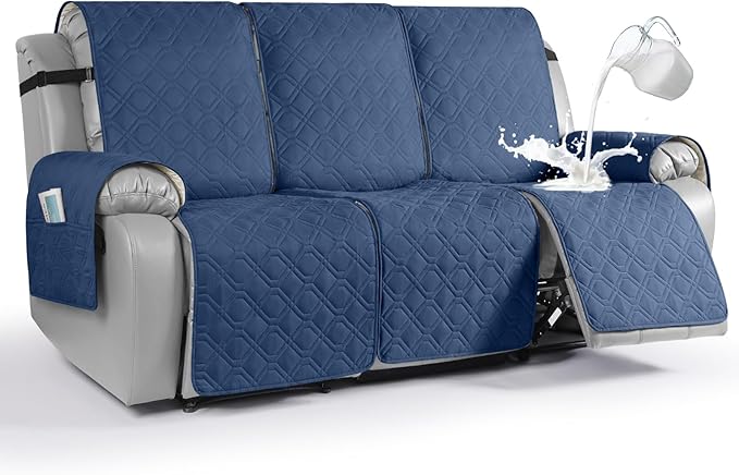 VANSOFY Waterproof Recliner Couch Covers, Sofa Covers 1-Piece Washable Reclining Sofa Cover Non-Slip Furniture Protector with Elastic Straps Pocket for Dogs, Pets(Ocean Blue,3 Seater)