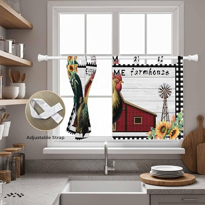 Farmhouse Rooster Kitchen Curtains 24 Inch Length, Small Window Curtains Tab Top - Image 5