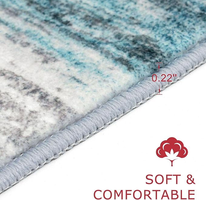 KOZYFLY Washable Area Rug 5x7 Modern Ombre Living Room Thin Rug Non-Slip Soft Striped Rug for Bedroom, Print Blue Abstract Carpet for Laundry Kid Room