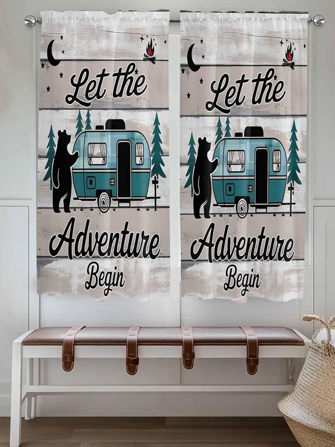 Farmhouse Bear Camper Van Tree Window Valance Curtains, Vintage Wood Grain - Image 2