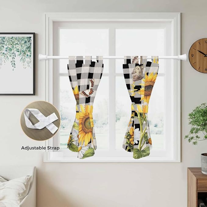 Sunflowers Kitchen Curtains 45 Inch Length, Short Cafe Window Curtains Tab Top - Image 5