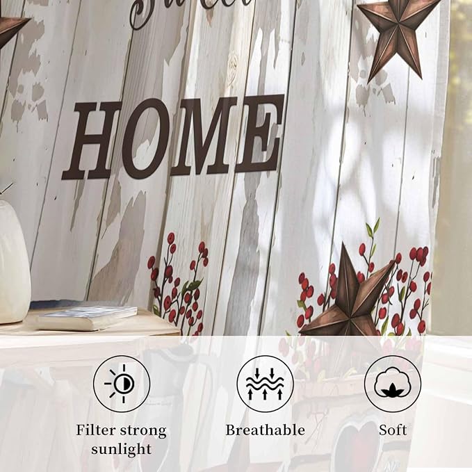 Farmhouse Sheer Curtains 54 Inch Length Retro Country Star Berry Vintage Wood - Image 2