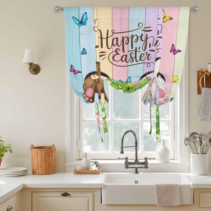 Tie Up Curtains, Happy Easter Rabbit Butt Egg on Daisy Leaf Adjustable Rod - Image 3