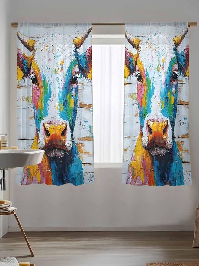 Sheer Curtains 63 Inch Length, Funny Colorful Cow Semi Sheer Curtains Light - Image 5