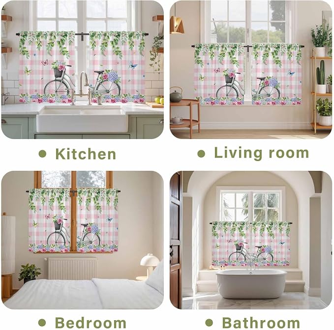 Spring Kitchen Curtains, Bicycles Leaves Butterfly Flowers Pink Buffalo Plaid - Image 8