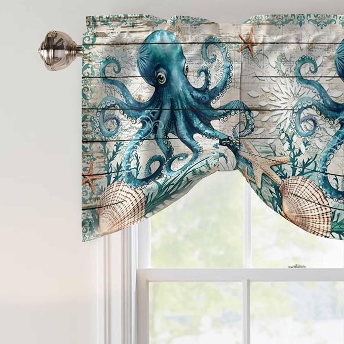 Sea Octopus Ocean Starfish Tie Up Valance Curtains, Nautical Anchor Vintage - Image 4
