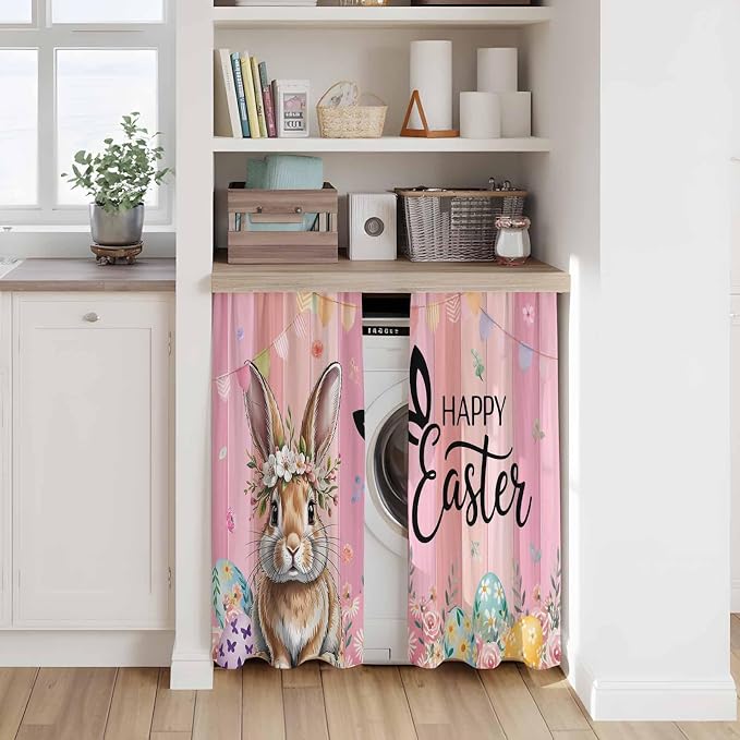 Easter Kitchen Curtains, Spring Rabbit Eggs Flowers Flags Leaves Wood Grain - Image 7