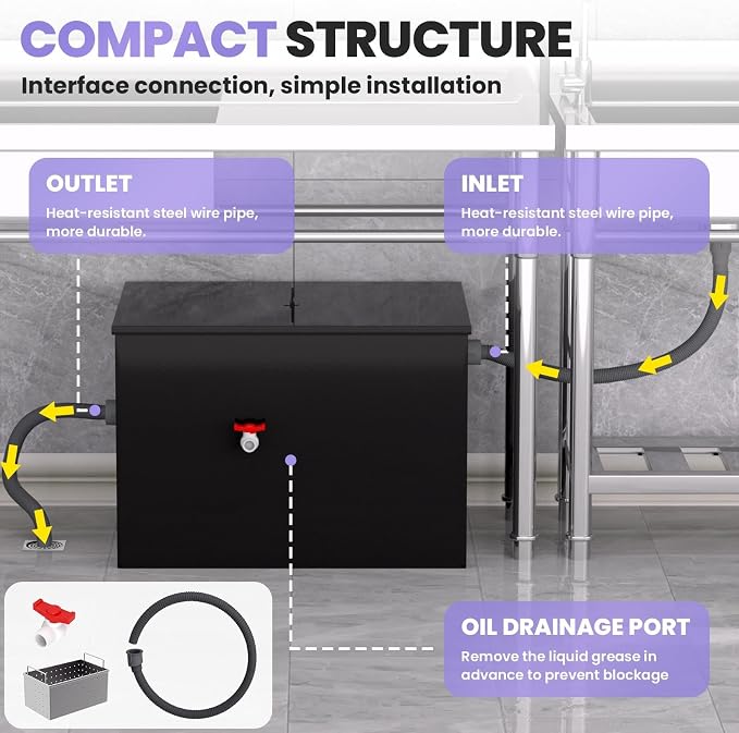 40 LBS Commercial Grease Trap Carbon Steel Interceptor, 15 GPM Flow Rate Under - Image 4
