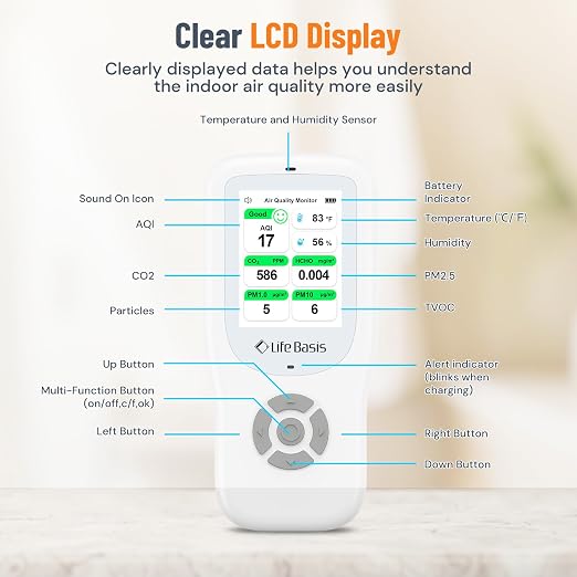 LifeBasis Air Quality Monitor Indoor, 11-in-1 Air Quality Detector - Image 6