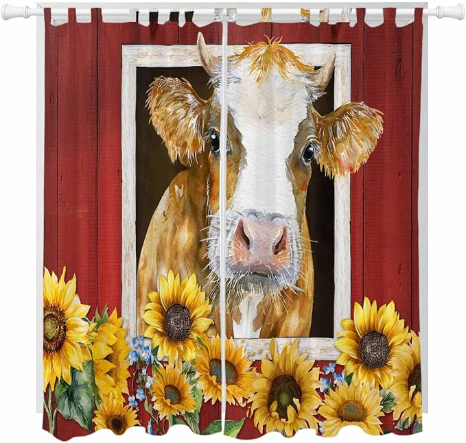 Cows Sunflowers Living Room Curtains 96 Inch Length, Window Curtains Tab Top by Unknown
