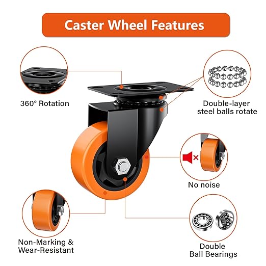 4" Swivel Plate Casters Set of 8 Heavy Duty 1200 lbs | Orange PU, Non-Marking - Image 3