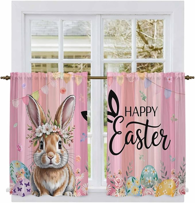 Easter Kitchen Curtains, Spring Rabbit Eggs Flowers Flags Leaves Wood Grain - Image 2