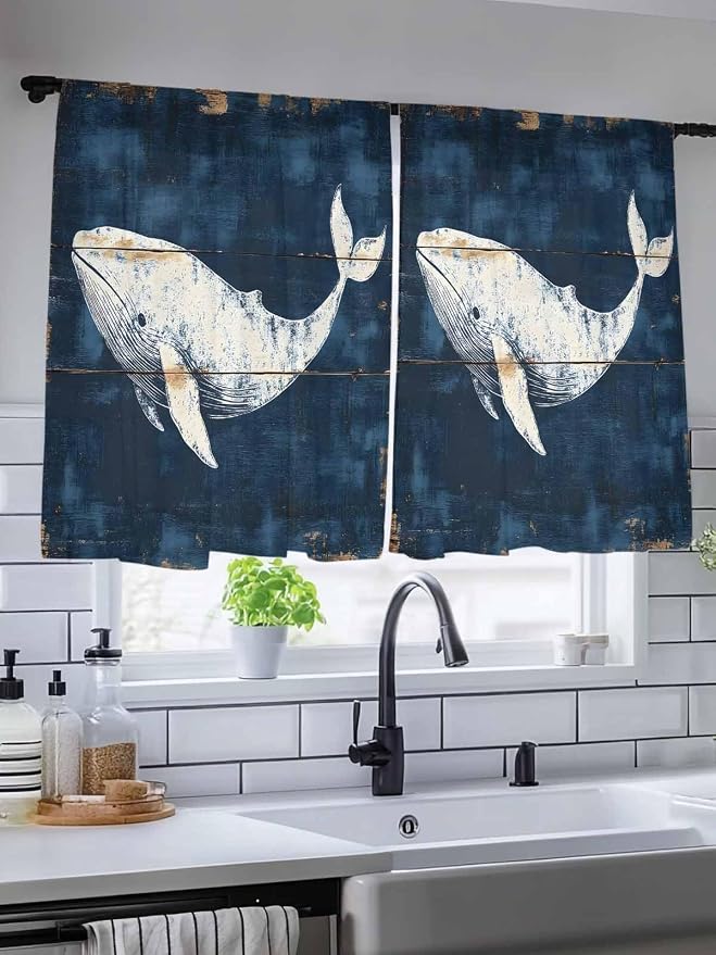 Sheer Curtains 45 Inch Length, Ocean Whale Blue Semi Sheer Curtains Light - Image 5
