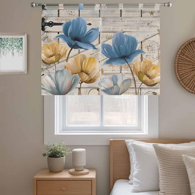 Blue Yellow Tulips Kitchen Curtains 45 Inch Length, Short Cafe Window Curtains - Image 9