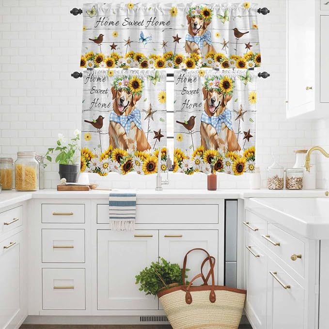 Kitchen Curtains Tiers and Valance Set of 3, Sunflowers Dog Light Filtering - Image 3