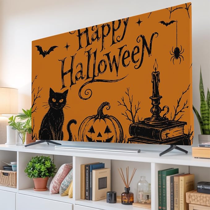Halloween Black Cat Pumpkin Dead Trees Indoor TV Cover, Elastic TV Screen - Image 6