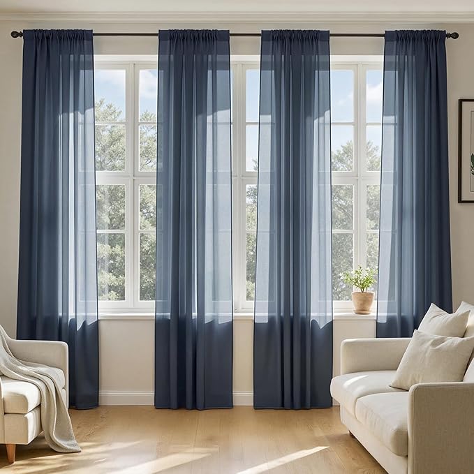 MIULEE Navy Blue Sheer Curtains 63 Inches Long, 4 Panels Set, Light Filtering Rod Pocket Voile Drapes Window Treatments, Semi Transparent Airy Fabric for Bedroom and Living Room, 54 x 63 Inches
