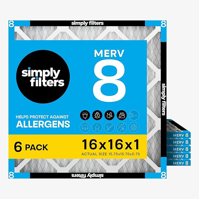 Simply 16x16x1 Air Filter, Merv 8, MPR 600, 6 Pack, Furnace Air Filter by SimplyFilters