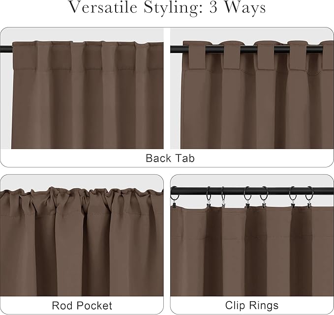PONY DANCE Thermal Blackout Curtains - Short Length Curtain Draperies Thermal Insulated Drapes Panels with Back Tab Light Block for Bedroom Bathroom, 52 W x 54 L, Mocha, 2 PCs