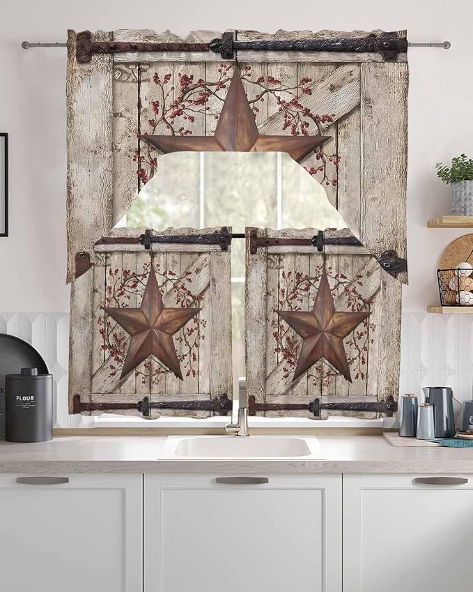 Country Star Swag Kitchen Curtains Valance and Tier Set, VintageRust Yellow - Image 2