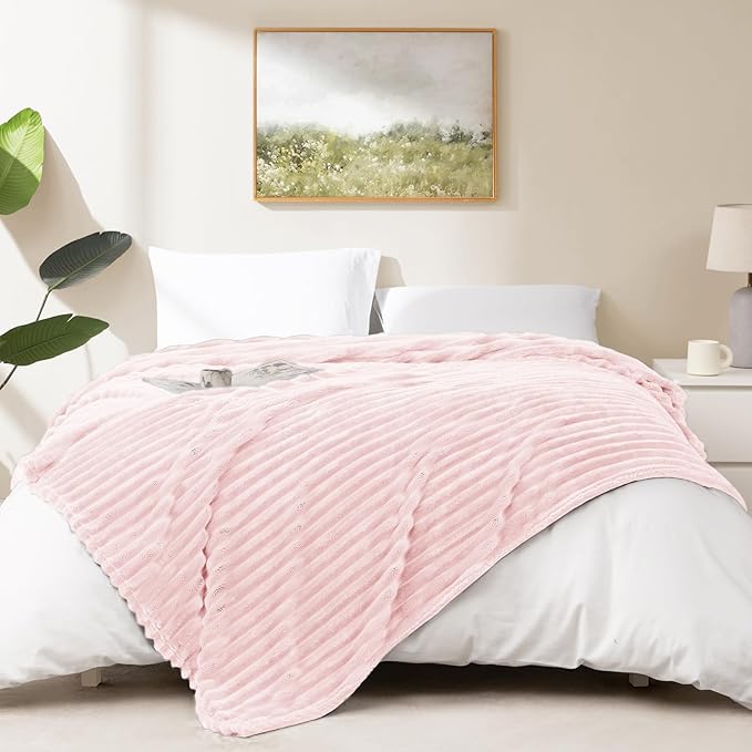 HIMEET Pink Ribbed Throw Blanket for Couch - 300GSM Lightweight Soft Fleece Blanket for Women, Cozy Blankets for Mothers Gifts, Striped Spring Home Room Decor, Pink, 50x60 Inches