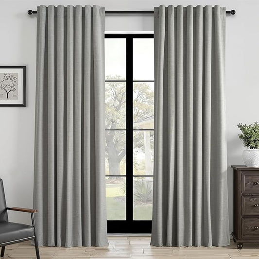 Topfinel Grey Linen Blackout Curtains 90 Inches Long for Bedroom Living Room 100% Black Out Thermal Insulated Ring Hooks Back Tab Room Darkening Pleated Drapes Dark Gray 90 Inch Curtain 2 Panels