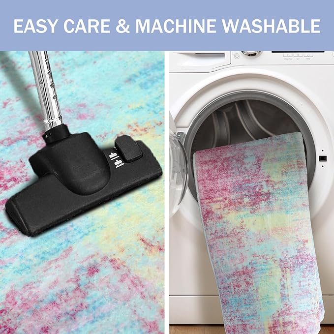 IOHOUZE Abstract Area Rug 3x5 Ft Washable Rugs for Entryway Indoor, Non Slip Kitchen Rug Printed Faux Wool Throw Rugs, Indoor Door Mat for Door Entrance Foyer Living Room, Pink Teal
