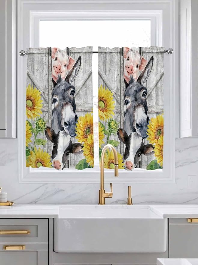 Farmhouse Kitchen Curtains 45 Inches length, Watercolor Sunflowers Animals - Image 3