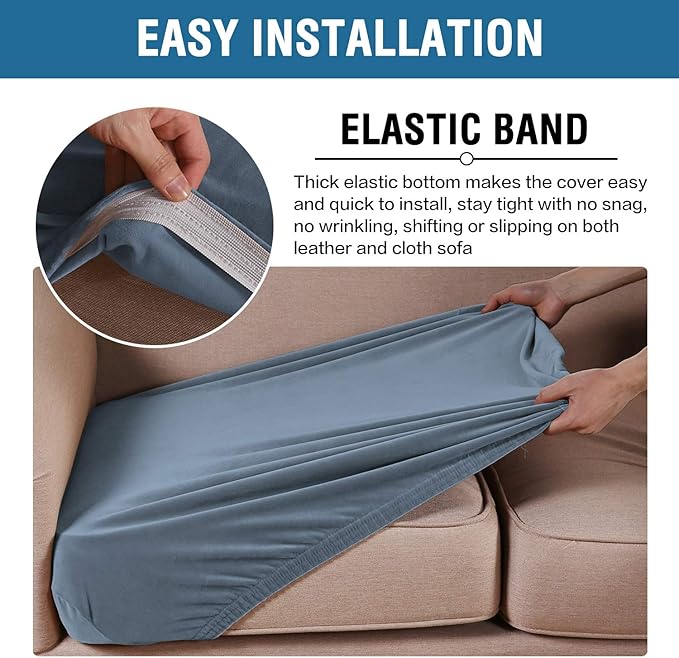 H.VERSAILTEX Velvet Stretch Couch Cushion Cover Plush Cushion Slipcover for Sofa Cushion Furniture Protector Seat Cushion Sofa Cover (3 Piece Sofa Cushion Covers, Stone Blue)