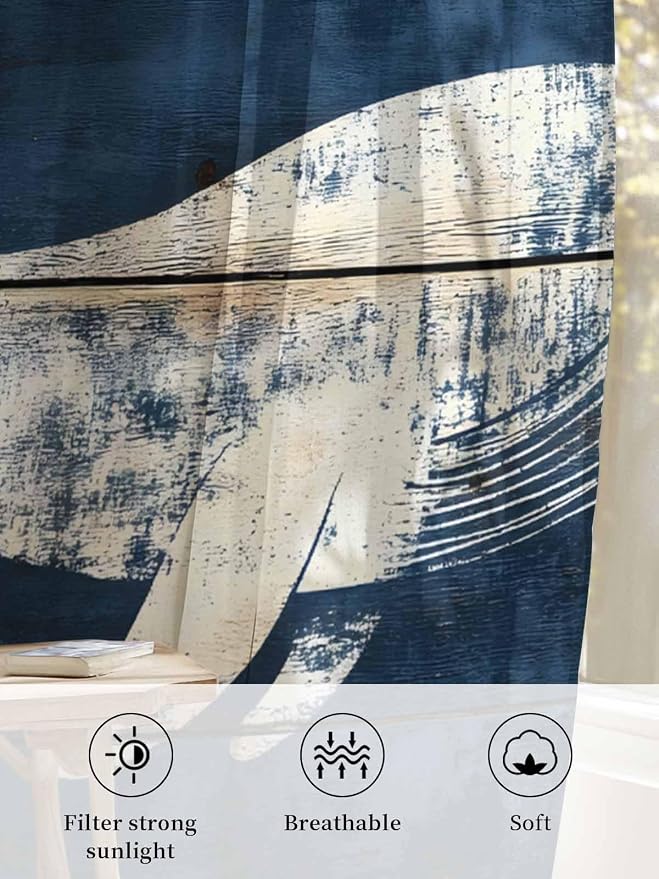 Sheer Curtains 96 Inches Long, Ocean Whale Blue Semi Sheer Curtains Light - Image 6
