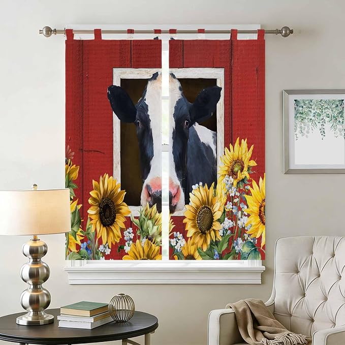 Cow Sunflowers Bedroom Curtains 72 Inch Length, Window Curtains Tab Top - Image 2